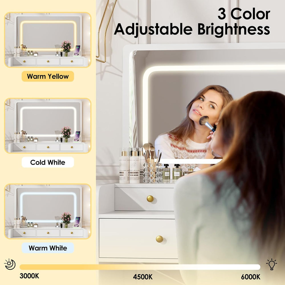 Makeup Vanity Desk Set with LED Lighted Mirror Glass Top Dressing Table &...