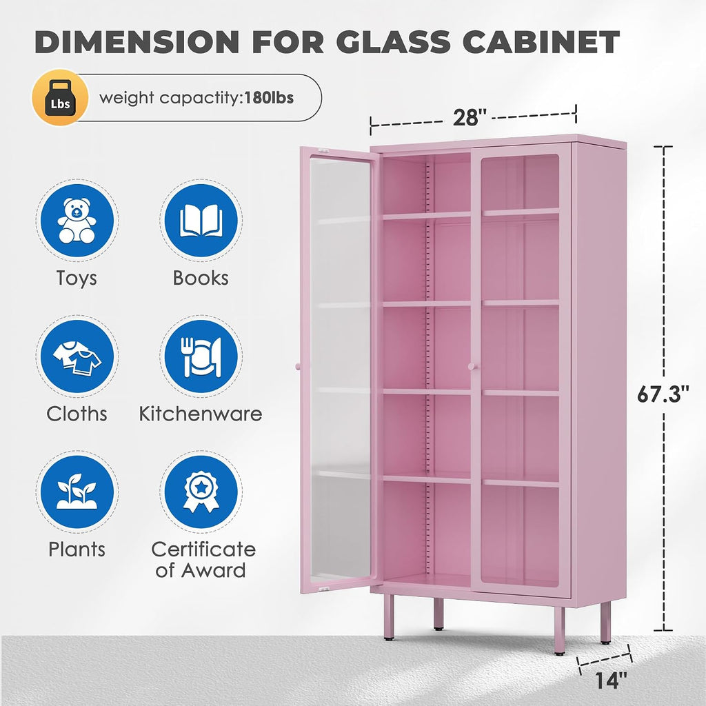 INTERGREAT 67” H Glass Display Cabinet, Metal Curio Cabinet with Tempered Glass Doors & Adjustable Shelves, Metal Storage Cabinets for Living Room, School, Plant, Pink, Assembly Required