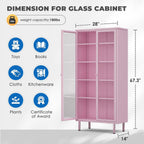 INTERGREAT 67” H Glass Display Cabinet, Metal Curio Cabinet with Tempered Glass Doors & Adjustable Shelves, Metal Storage Cabinets for Living Room, School, Plant, Pink, Assembly Required
