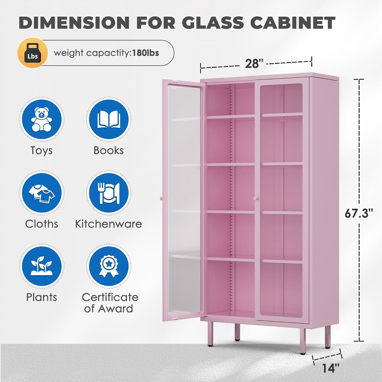 INTERGREAT 67” H Glass Display Cabinet, Metal Curio Cabinet with Tempered Glass Doors & Adjustable Shelves, Metal Storage Cabinets for Living Room, School, Plant, Pink, Assembly Required
