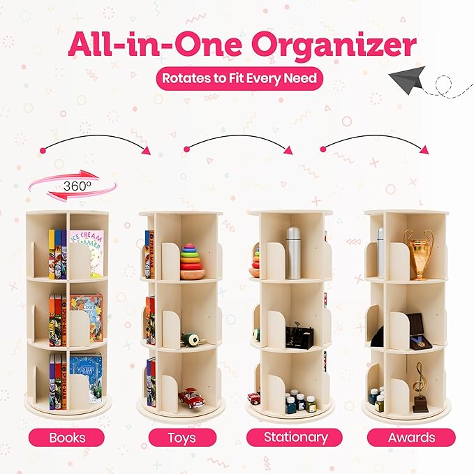 Rotating Kids Bookshelf – 3-Tier 360° Spinning Bookcase Tower, Solid Pine Wood, 12 Cubbies, Toddler Bookshelf Organizer & Lazy-Susan Storage for Nursery, Classroom or Playroom (Natural Finish)