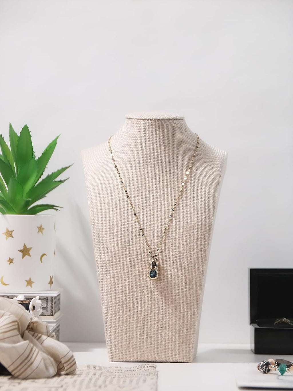 Necklace Bust Stand for Selling, Linen Necklace Display Holder, Jewelry Necklace Organizer Rack for Home Use or Store Show (9" Height)