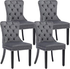 KCC Velvet Dining Chairs Set of 4, Upholstered High-end Tufted Dining Room Chair with Nailhead Back Ring Pull Trim Solid Wood Legs, Nikki Collection Modern Style for Kitchen, Grey