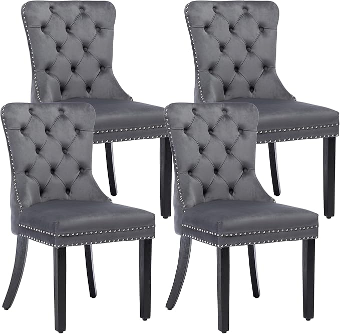 KCC Velvet Dining Chairs Set of 4, Upholstered High-end Tufted Dining Room Chair with Nailhead Back Ring Pull Trim Solid Wood Legs, Nikki Collection Modern Style for Kitchen, Grey