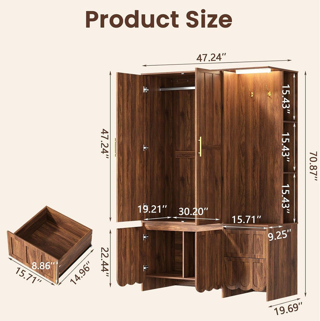 Armoire Wardrobe Closet with 2 Drawers, 3 Open Shelves, Sensor Light, 71” Tall Bedroom Armoire with Hanging Hooks and 2 Doors, Modern Fluted Wooden Closet Combination with Large Storage, Walnut