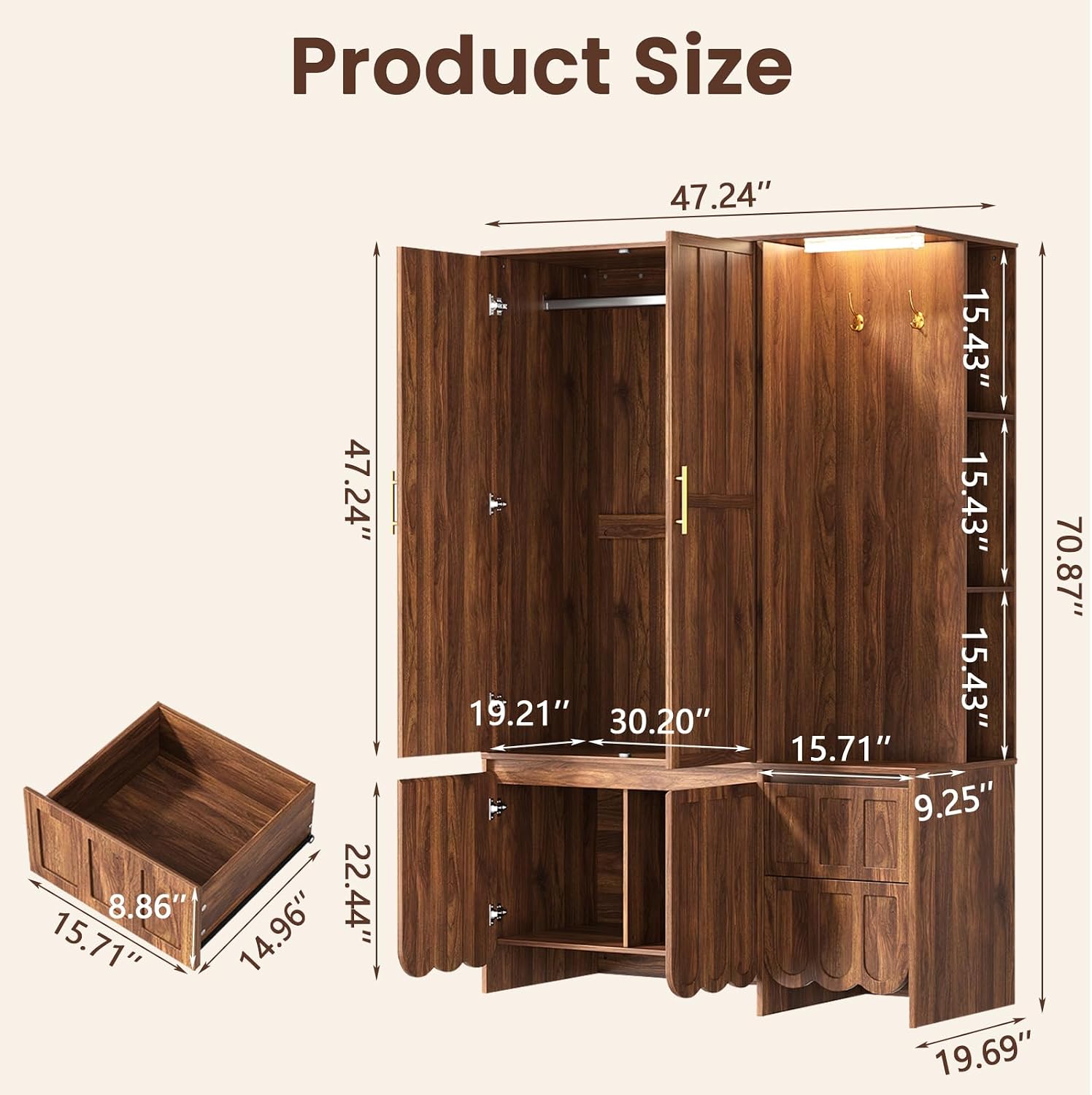 Armoire Wardrobe Closet with 2 Drawers, 3 Open Shelves, Sensor Light, 71” Tall Bedroom Armoire with Hanging Hooks and 2 Doors, Modern Fluted Wooden Closet Combination with Large Storage, Walnut