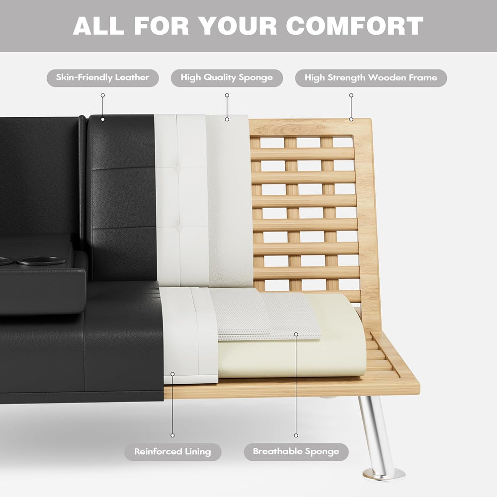JUMMICO Faux Leather Futon Sofa Bed Futon Couch with Removable Armrests Adjus...