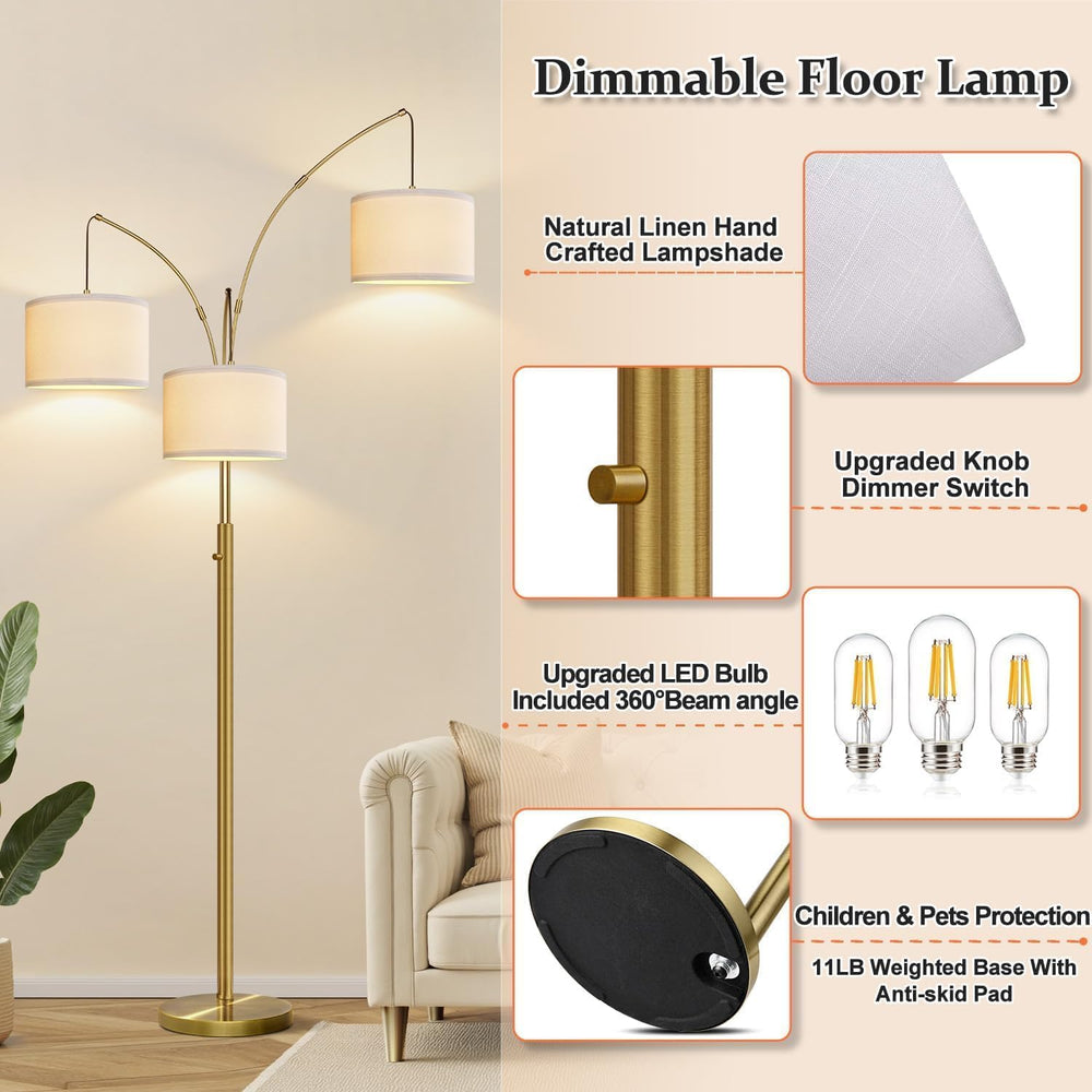 Nintiue Dimmable Floor Lamp - 3 Lights Brass Arc Floor Lamps for Living Room,...