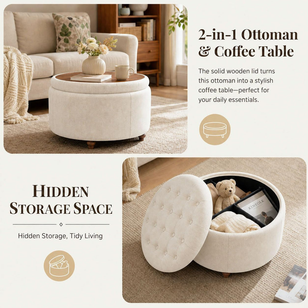 25" Round Ottoman with Storage, Small Coffee Table with Reversible Tray ...