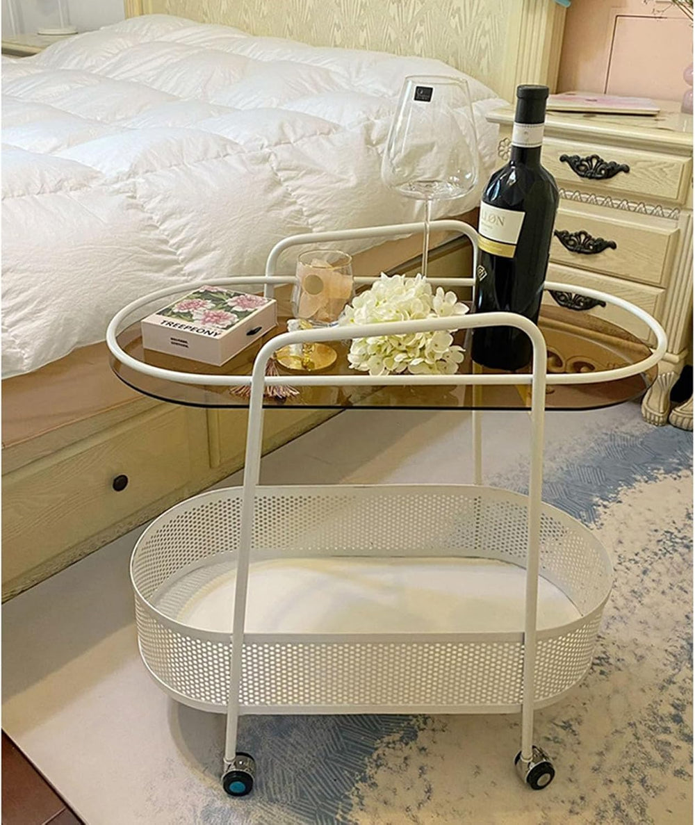 Double Layer Trolly Side Table, Metal Rolling Cart Storage Shelf, Side Table ...