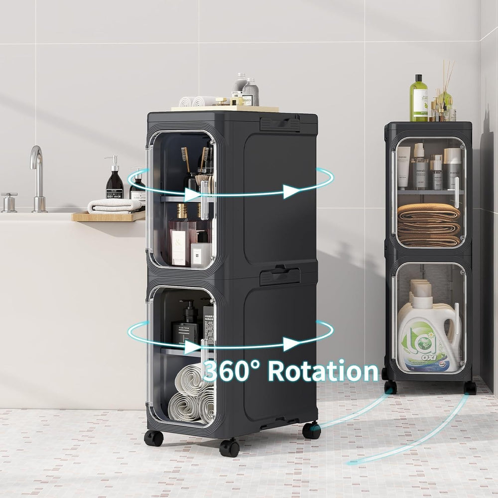 2 Tier Slim Bathroom Storage Cabinet, Foldable and Movable, Black | Tools Fre...