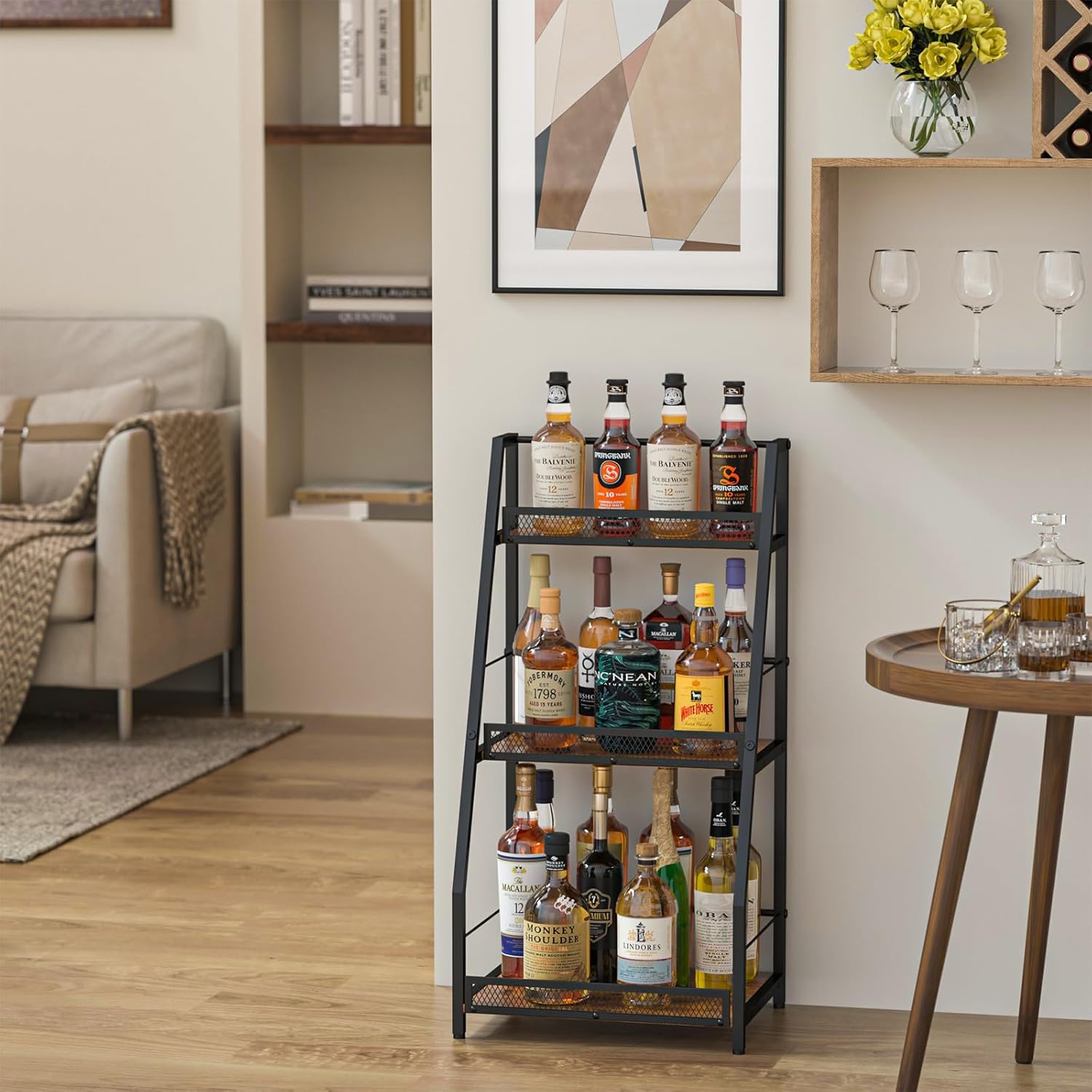 3-Tier Liquor Stand for Home Bar, Stepped Wine Rack Freestanding Floor for Liquor Whiskey Wine, Versatile Corner Wine Bottle Display Stand with Fences, Vintage Brown, Safe Height for Kids & Pets