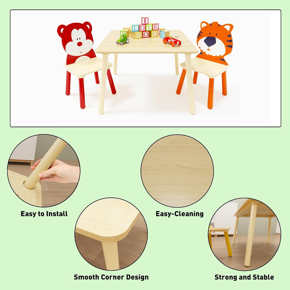 3 Pieces Table and Chair Set, Tiger & Bear Pattern Activity Play Set with...