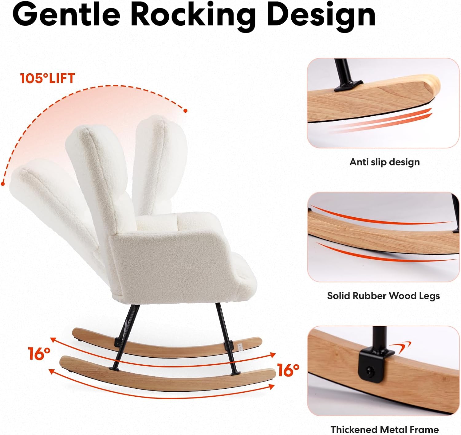 Simple Deluxe Nursery Rocking Chair, Teddy Upholstered Glider Rocker with High Backrest, Comfy Accent Armchair for Nursing & Reading, Standard Size, White
