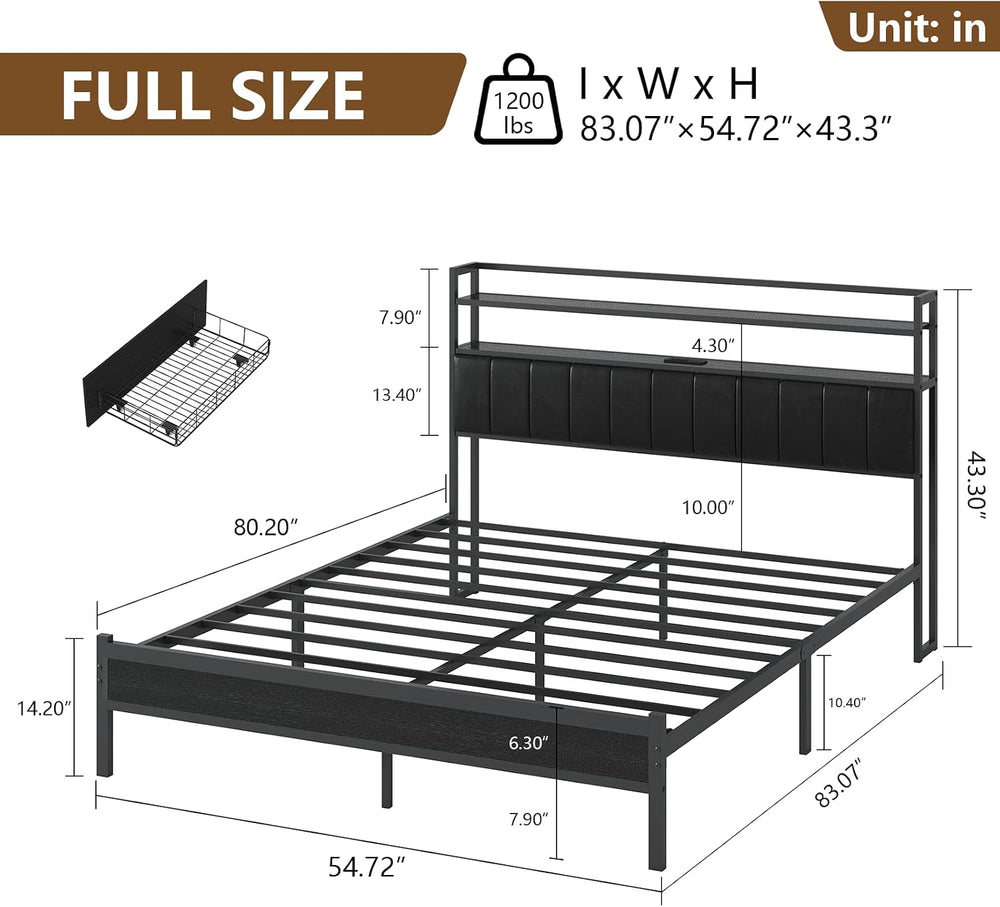 Full Bed Frame with 2 Storage Drawers & Built in Charging Station