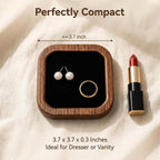 Wooden Jewelry Tray, Ring Holder Trinket Dish, Walnut Wood with Black Velvet Lining, 3.7 x 3.7 Inch, Square