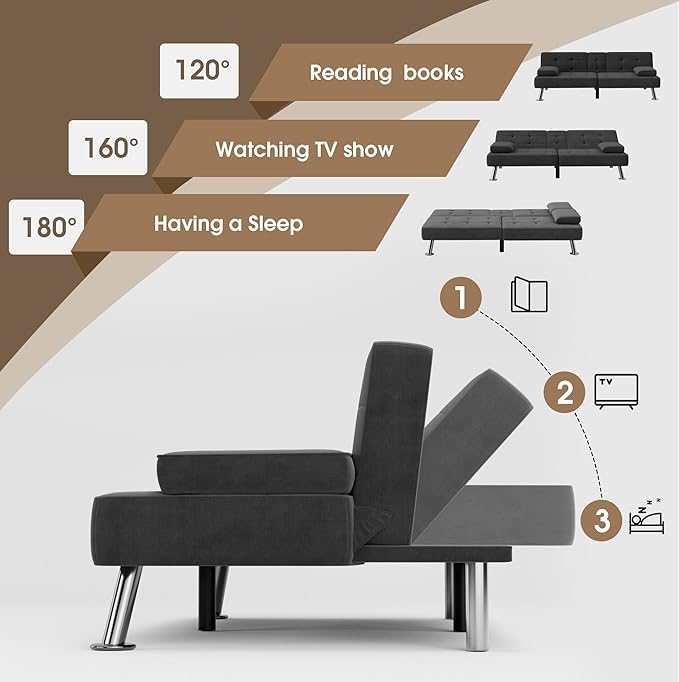 Flamaker Futon Sofa Bed Modern Folding Futon Set Linen Fabric Convertible Recliner Lounge for Living Room with 2 Cup Holders, Removable Armrests (Fabric, Carbon Black)