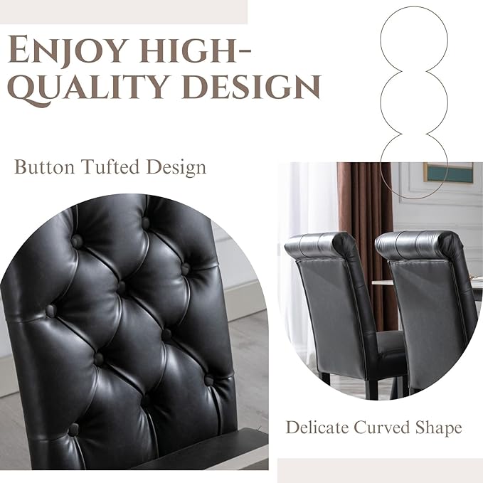 Farmhouse Dining Chairs Set of 4, PU Leather Kitchen Chairs, Modern Upholstered Accent Chair Solid Wood Parsons Chairs for Home/Living Room/Bedroom/Resturant, Black