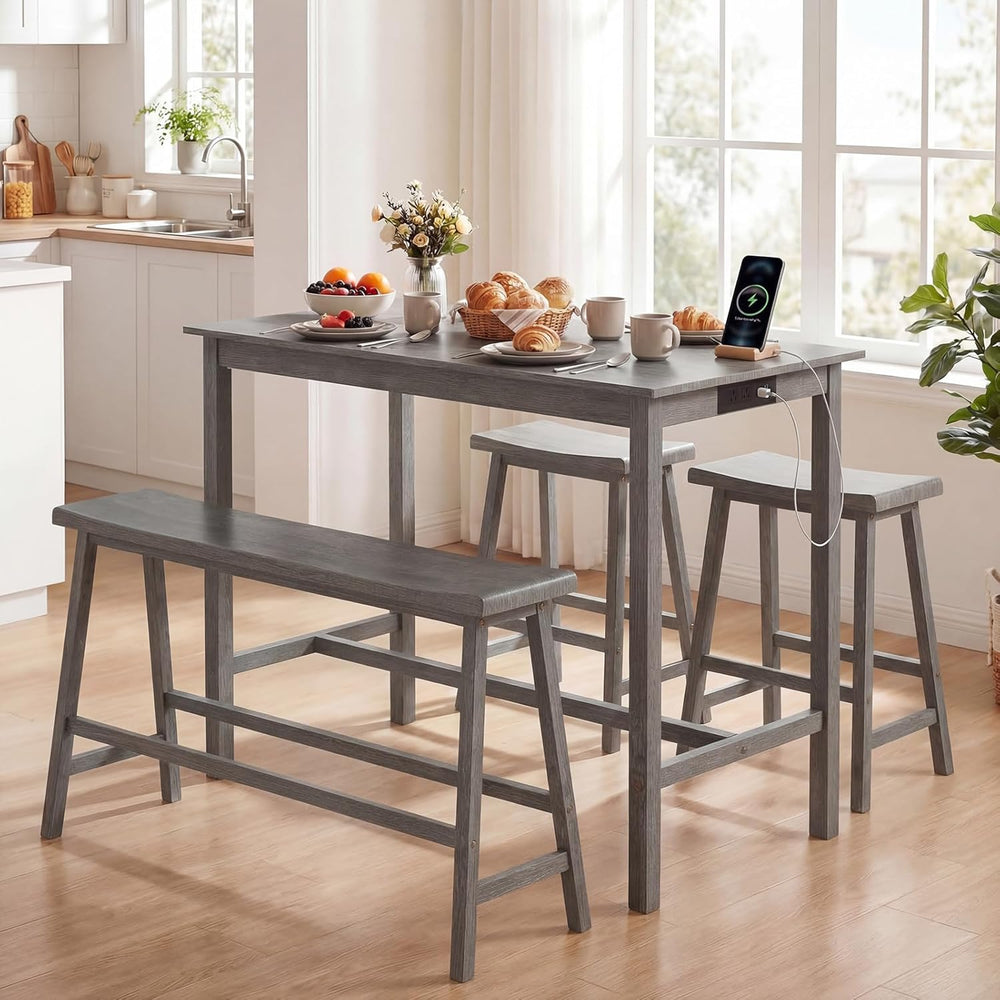 GIANTEX 4-Piece Counter Height Dining Table Set with Power Outlet, Solid Rubb...