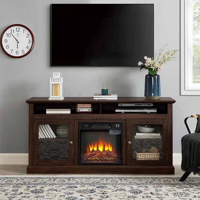 TV Stand with Electric Fireplaces: Rustic Wood TV Console for 65 Inch TV | Entertainment Center with Adjustable Shelves and Storage Cabinet for Living Room - Brown