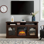 TV Stand with Electric Fireplaces: Rustic Wood TV Console for 65 Inch TV | Entertainment Center with Adjustable Shelves and Storage Cabinet for Living Room - Brown
