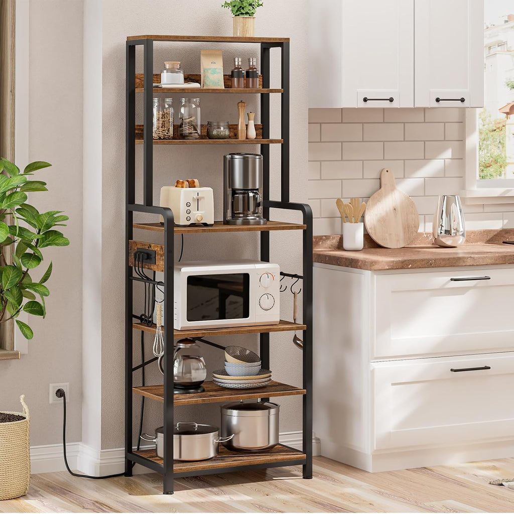 HOOBRO Bakers Rack with Power Outlet, 68.1inch Height Microwave Stand with 4 S-Shaped Hooks, 7-Tier Kitchen Storage Shelf Rack, Coffee Bar, for Kitchen, Living Room, Rustic Brown BF06HB01