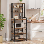 HOOBRO Bakers Rack with Power Outlet, 68.1inch Height Microwave Stand with 4 S-Shaped Hooks, 7-Tier Kitchen Storage Shelf Rack, Coffee Bar, for Kitchen, Living Room, Rustic Brown BF06HB01