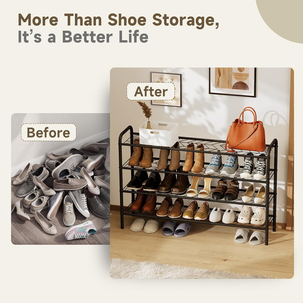 Shoe Rack,Long Shoe Organizer for Closet,4 Tier Shoe Storage for Entryway | Wide Sturdy Metal Free Standing Shoe Shelf