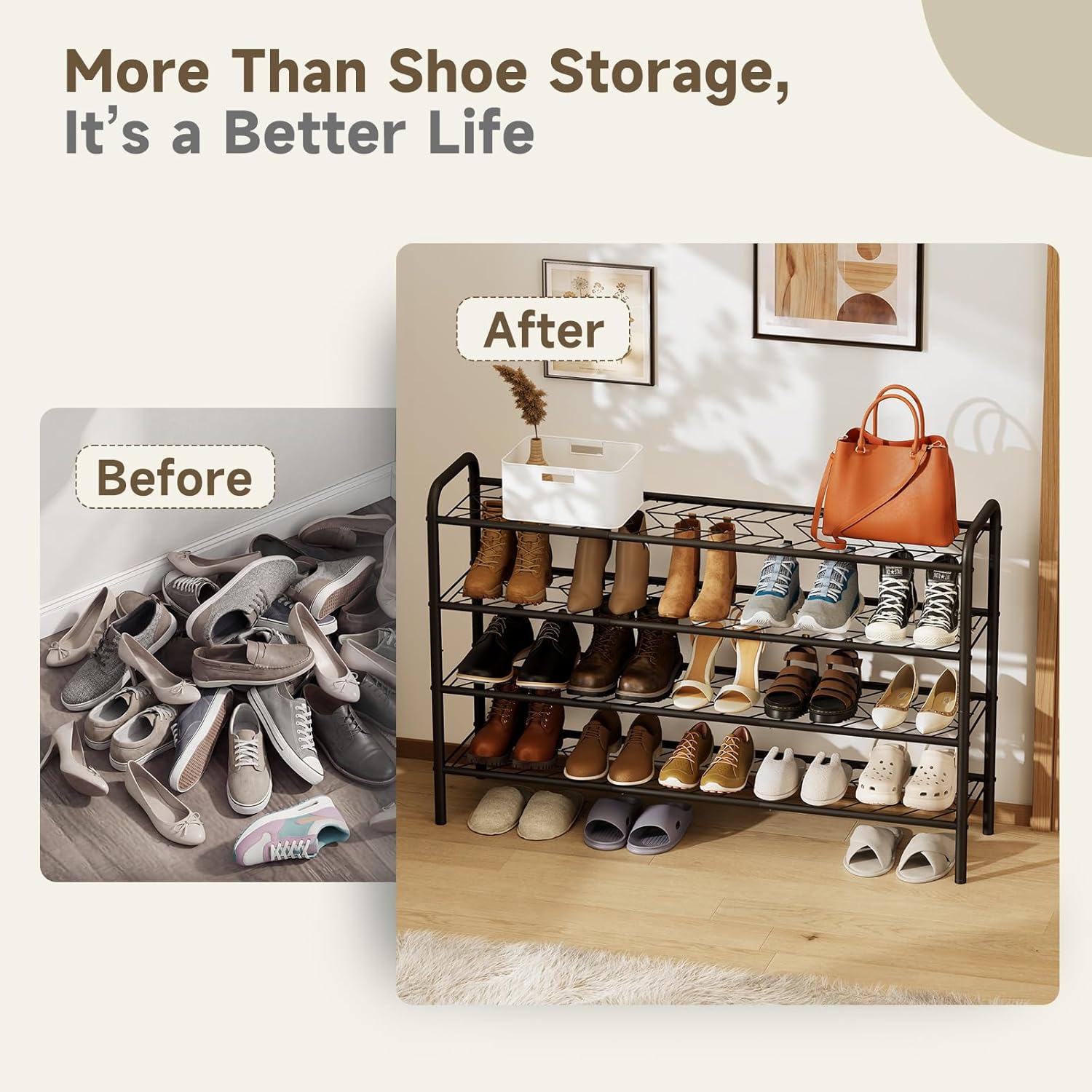 Shoe Rack,Long Shoe Organizer for Closet,4 Tier Shoe Storage for Entryway | Wide Sturdy Metal Free Standing Shoe Shelf