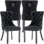 Velvet Dining Chairs Set of 4, Upholstered Dining Room Chairs with Nailhead Trim, Sillas de Comedor Modernas 4, Wooden Kitchen Chairs for Dining Room, Living Room, Kitchen, Bedroom, Black