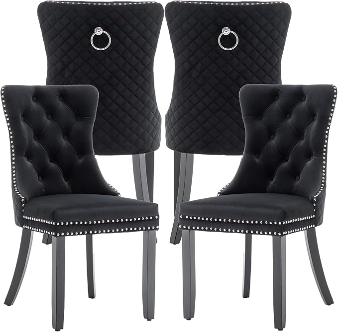 Velvet Dining Chairs Set of 4, Upholstered Dining Room Chairs with Nailhead Trim, Sillas de Comedor Modernas 4, Wooden Kitchen Chairs for Dining Room, Living Room, Kitchen, Bedroom, Black