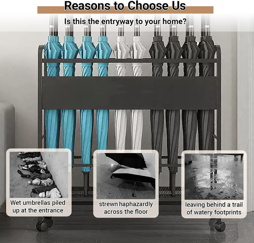 Entryway Movable Commercial Umbrella Stand Large Capacity Metal Umbrellas Holder Heavy Duty Umbrella Frame with Removable Drip Tray & Wheels for Home, Hotel, Office.(Gold,100x20x70CM/39.4x7.9x27.6IN)