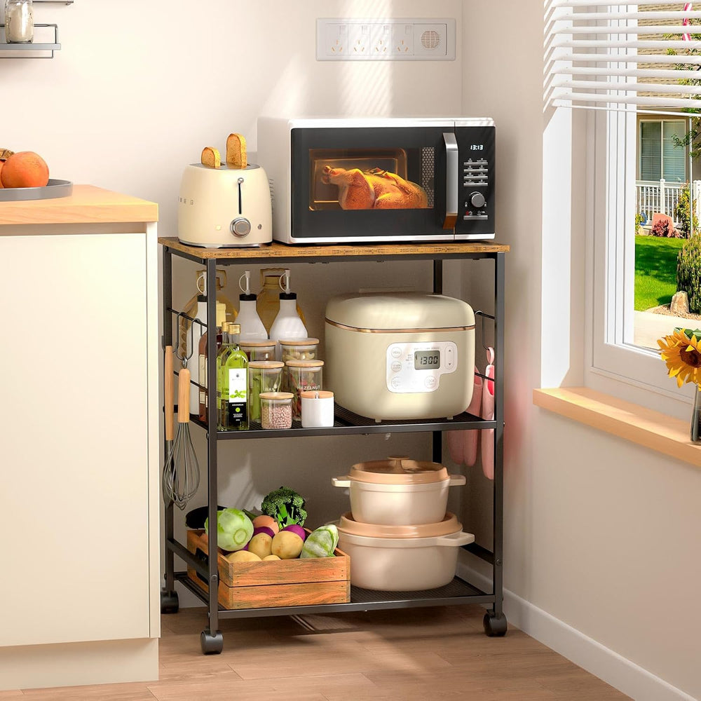 ThreeHio Rolling Kitchen Microwave Cart, 3 Tier Microwave Table Stand with St...
