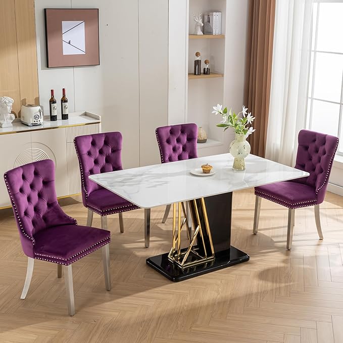 Luxury Upholstered Dining Chairs Set of 4, Purple Kitchen Chair with Silver Metal Legs, Velvet Tufted Back Dining Chair, Sillas de Comedor, Modern Kitchen & Dining Room Chairs (Purple, 4 Pcs)