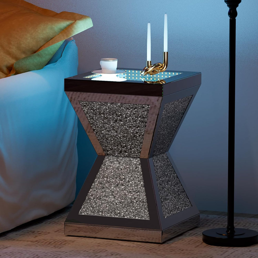 IKIFLY Mirrored Nightstand Set of 2, LED End Table with Irregular Base, Silve...