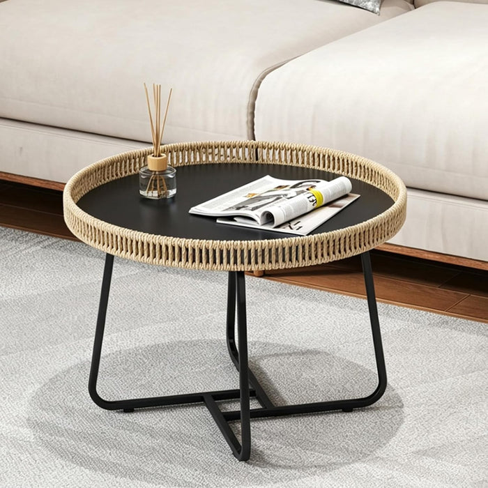 Small Boho Coffee Table Round Rattan, 20 inch Side Table Wicker Metal Legs