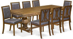 NKAM9-AWA-34 9-Piece Dining Table Set Includes a Kitchen Table and 8 Dark Grey Polyester Fabric Dinner Chairs with High Back - Antique Walnut Finish