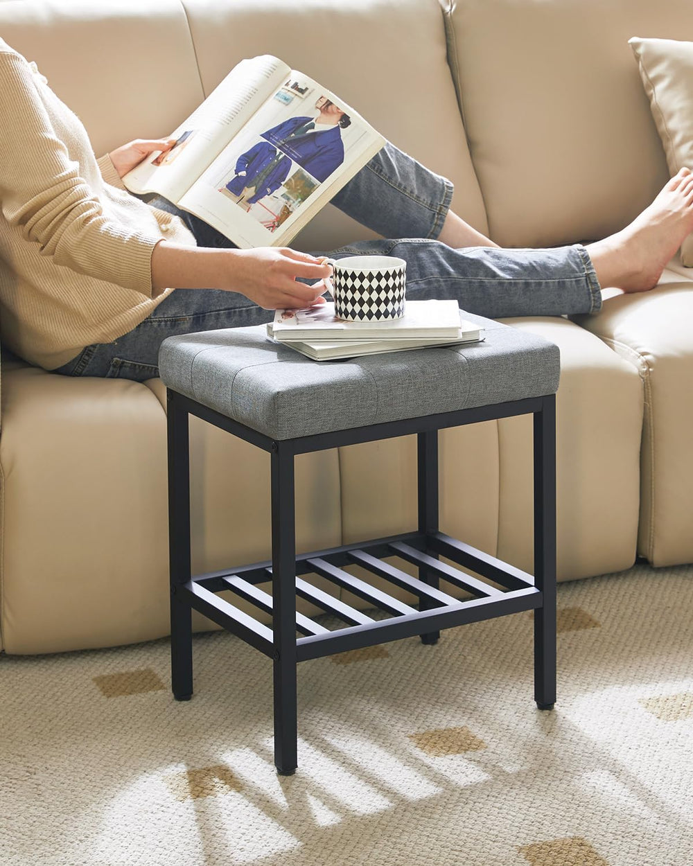 IBUYKE Rectangular Makeup Stool with Adjustable Feet and Storage Space, Footr...