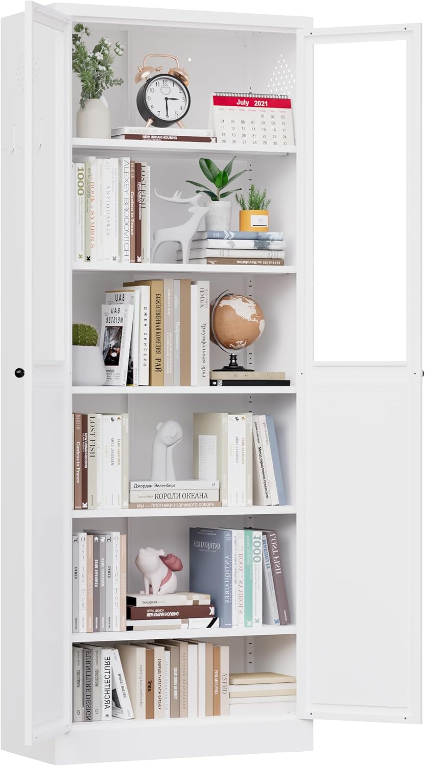 72" White Storage Cabinet Metal Kitchen Pantry Cabinet with Glass Doors ...