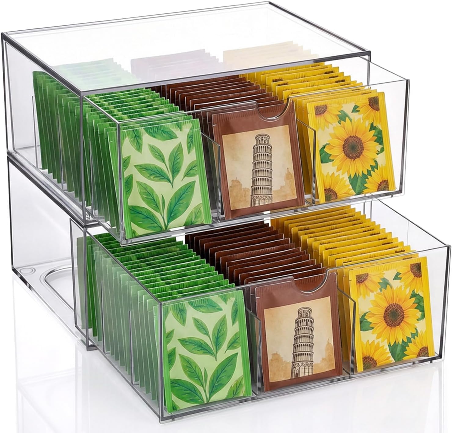 2 Pack Acrylic Tea Bag Organizer, 9 Grids Clear Tea Bag Holder, Stackable Teabag Holder Organizer, Clear Acrylic Teabag Drawer Holders for Countertop, Cabinet, Kitchen, Counter