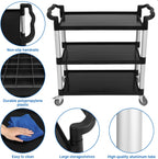 3-Tier Heavy Duty Utility Cart with Wheels, 43" Lx 21" W x 38" H, Durable Rolling Cart for Restaurant, Office, Kitchen, and Warehouse Use, Lockable 360° Swivel Casters Service Cart, Black