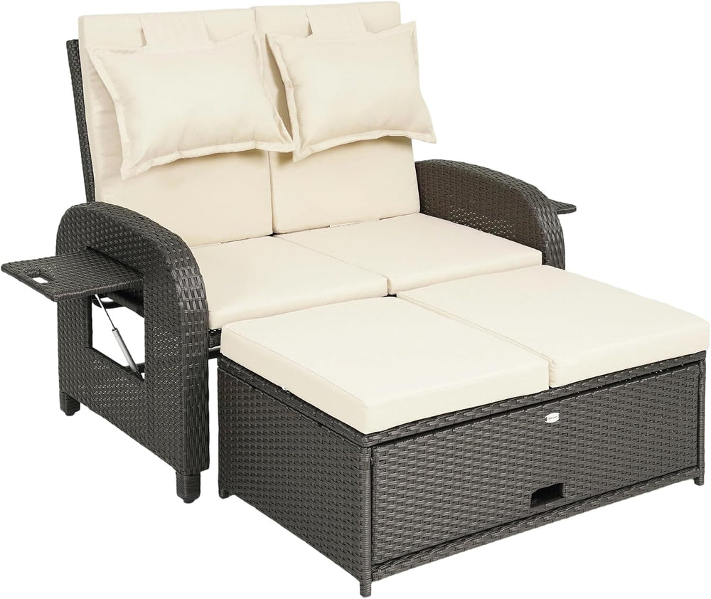 Outsunny Patio Rattan Daybed, Wicker Outdoor Daybed with Storage Ottoman, Lov...