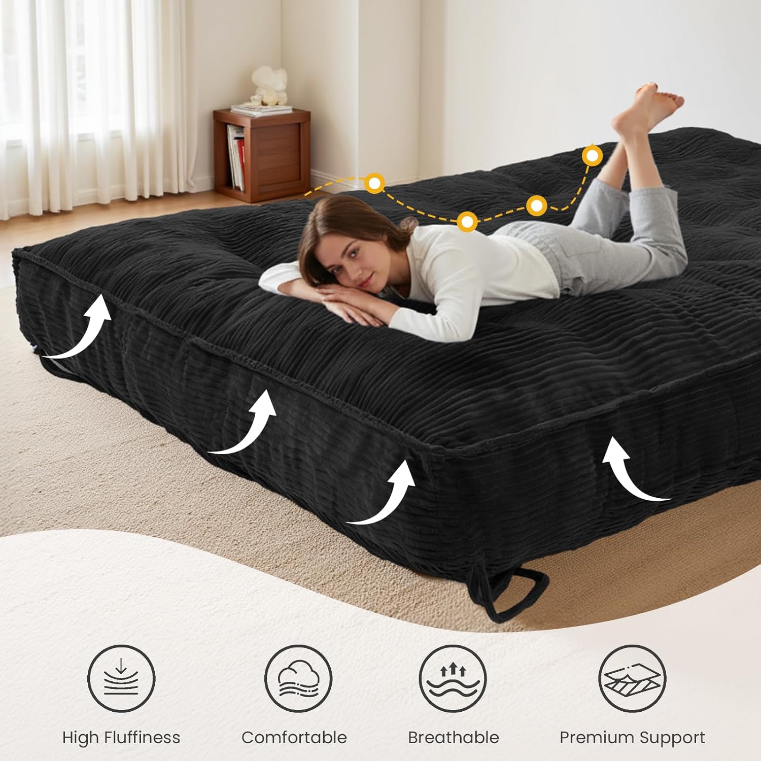 8 Inch Futon Mattress Full Size, Futon Floor Sofa Bed Foldable with Soft Corduroy Fabric - High Resilience Foam Filling - 2 Storage Straps for Home, Guest Room, Dorm, Black (Frame Not Included)