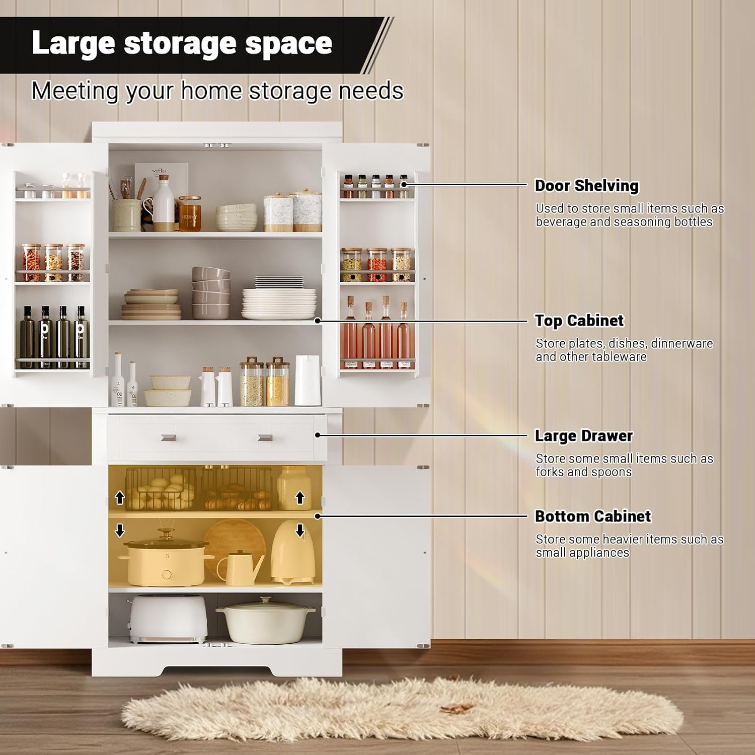 71-Inch Tall Kitchen Storage Cabinet, 2 Large + 1 Drawer + 6 Door Shelves, Pantry Organizer for Food, Utensils & Kitchenware, Storage for Kitchen & Bathroom, White