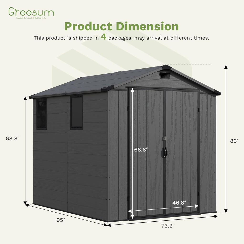 Greesum 6×8FT Plastic Outdoor Storage Shed with Floor, Resin Storaged Sheds with Lockable Double Door, Windows & Vents, All-Weather Tool Sheds for Garden, Backyard, Patio, Dark Gray