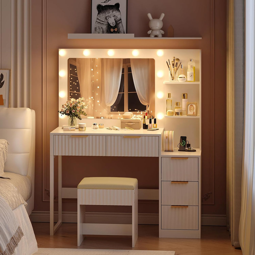 VINGLI Fluted Makeup Vanity Desk with Mirror & Lights & Power Outlet,...