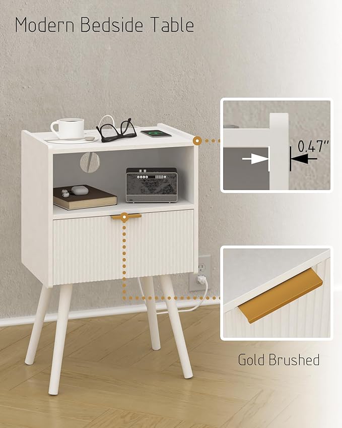 White Nightstand with Outlet,Modern Bedside Table with Storage Drawer and Ope...