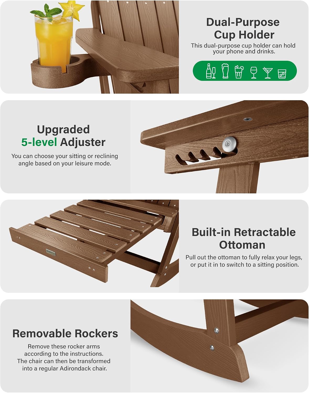 YEFU Adirondack Rocking Chairs, Adirondack Chair with Footrest, Teak | 5- Level Adjustable Backrest, Retractable Ottoman & Cup Holder, Like Real Wood, for Outdoor/Patio/Porch, Heavy Duty, 400 lbs