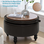 30 Inch Round Ottoman with Storage, Tufted PU Leather Storage Bench for Bedroom, Living Room & Entryway, Modern Upholstered Coffee Table with Wooden Black Legs, Dark Brown(PU)