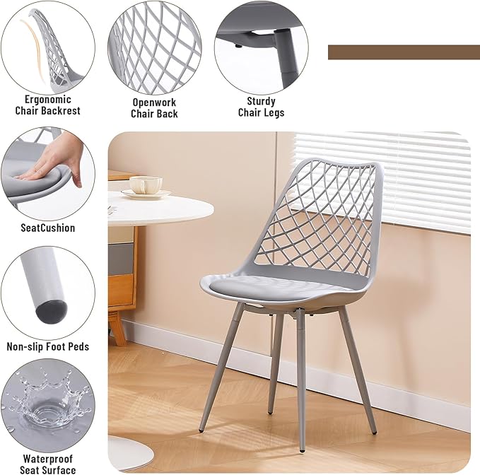 Mid Century Plastic Dining Chair Set of 4 - Padded Tulip Chairs for Kitchen Living Room Mesh Design - Simple Modern Side Chair with PU Cushion for Indoor Outdoor Bistro Patio Cafes -Gray